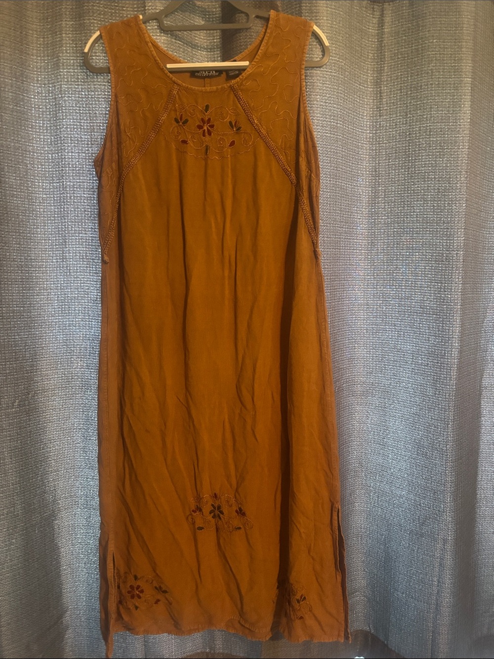 Sleeveless Embroidered Midi Dress in Mustard Brown
